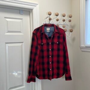 GAP  Plaid Pearl Snap Button Down Long Sleeve Western Shirt - Red / Black - M